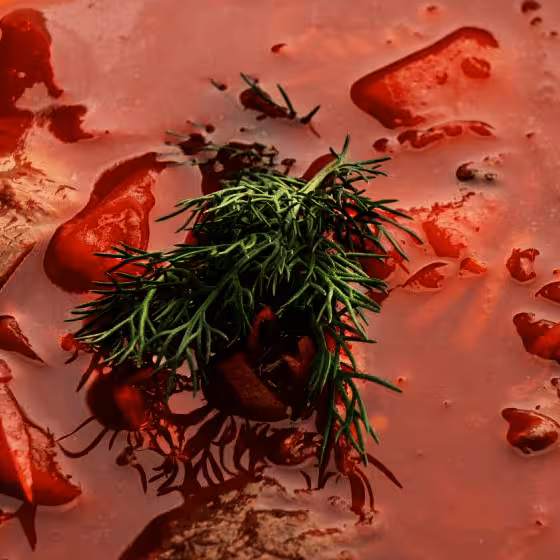 a bowl of borscht soup with beetroot, meat and potatoes