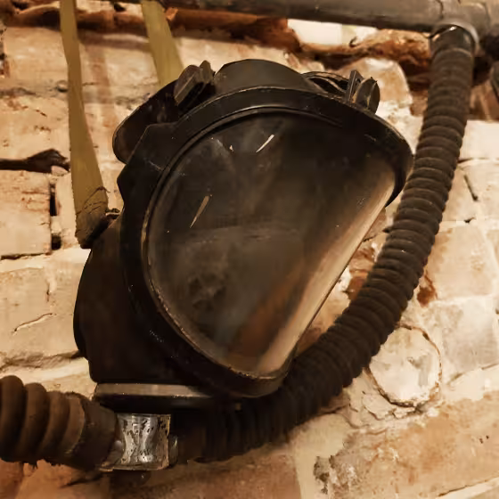 a gas mask decorates a cold war-themed lviv pub.