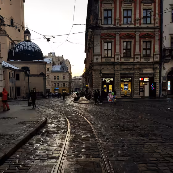 tramlines on rynok square in lviv