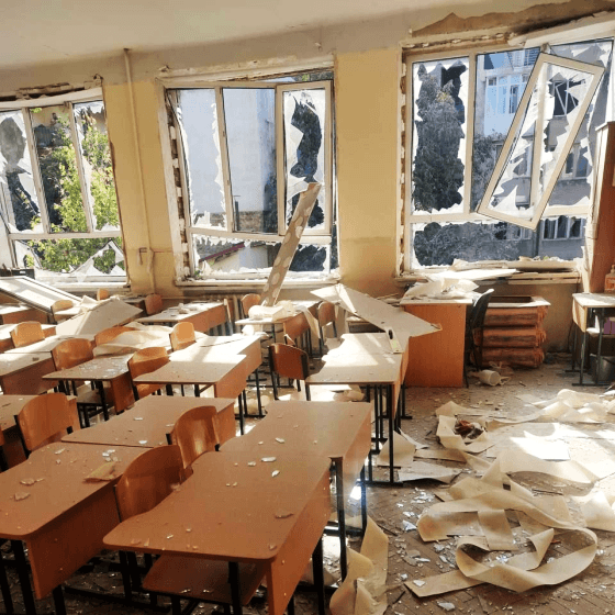 a ukrainian school classroom in lviv damaged by russian shelling